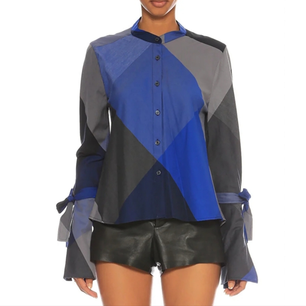 BCBGMaxAzria Blue and Gray Geometric Button-Down Shirt